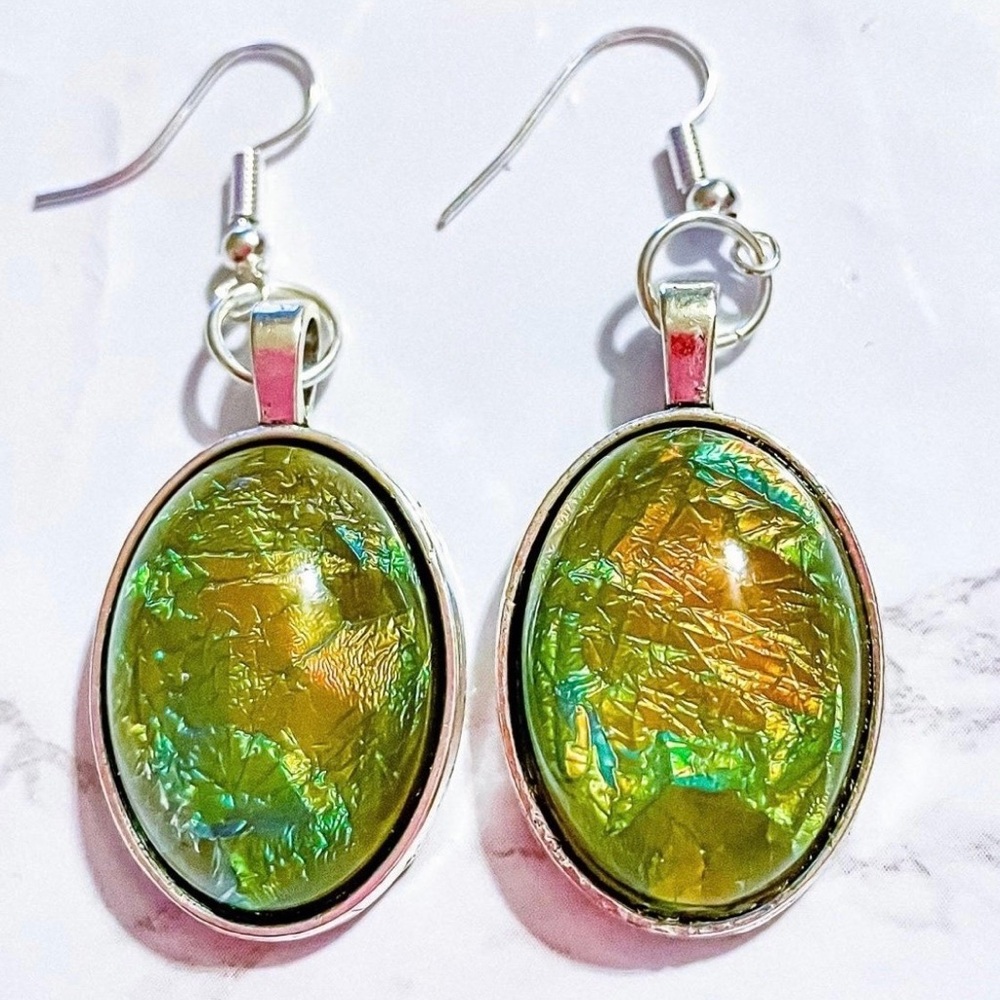 Green Opalescent Oval Dangle Earrings